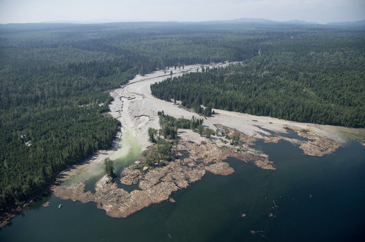 An aerial photo of the Mount Polley mine waste spill in 2014