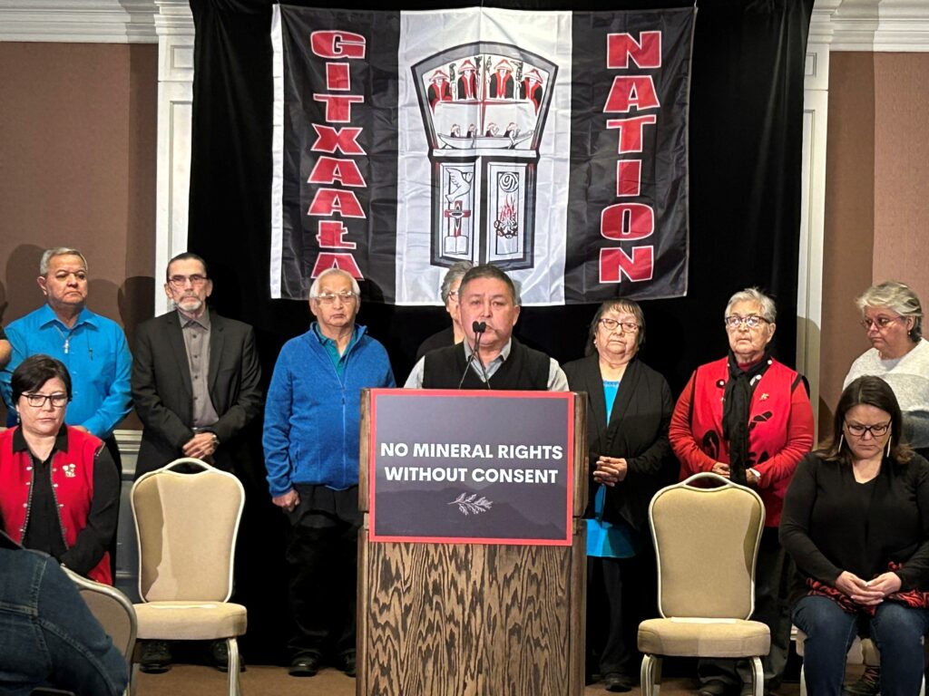 Gitxaała Nation holds a press conference at the beginning of hearings for intervenor applicants in their legal challenge of the Mineral Tenure Act, on December 15, 2022. (Credit: West Coast Environmental Law)
